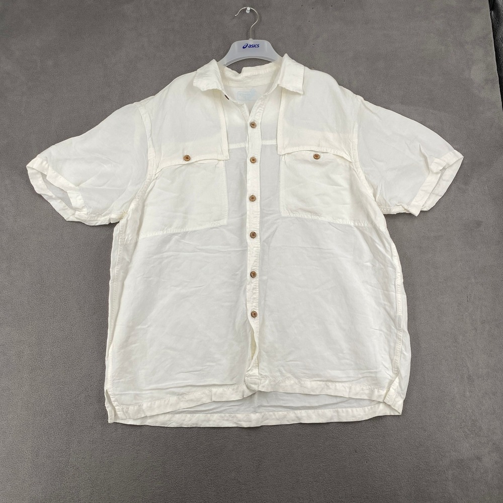 Caribbean Mens XL White Linen Blend Short Sleeve Button Down Pocket Shirt